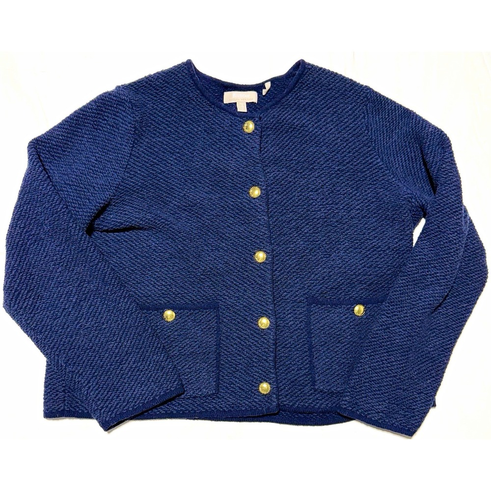 Barbour Navy Blue Chunky Knit Cardigan Sweater Womens US 6 Crew Neck Pockets